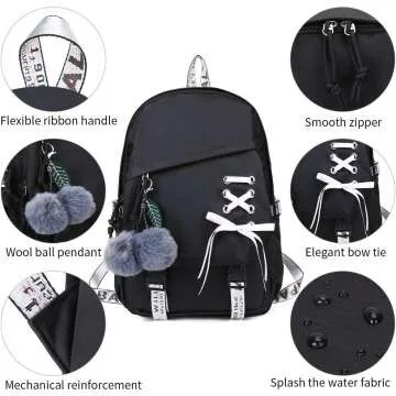 FENGDONG Girls School Backpack - Casual Black Daypack