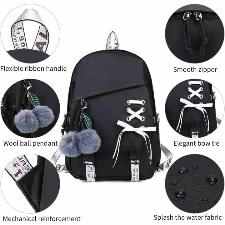 FENGDONG Girls School Backpack - Casual Black Daypack