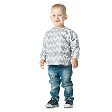 Bumkins Sleeved Bib for Girl or Boy, Baby and Toddler for 6-24 Mos, Essential Must Have for Eating, Feeding, Baby Led Weaning Supplies, Long Sleeve Mess Saving Food Catcher, Soft Fabric, Gray Chevron