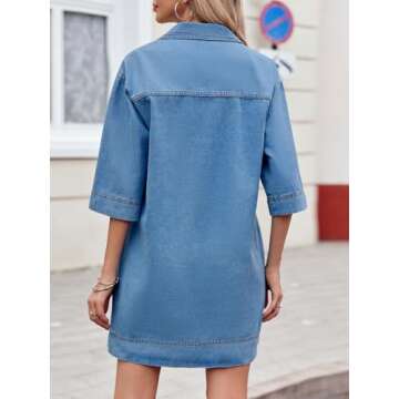Wenrine Womens Denim Shirt Dress Summer Casual V Neck Short Sleeve Loose Jean Mini Dresses Light Blue