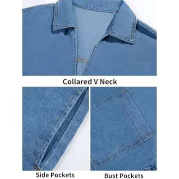 Wenrine Womens Denim Shirt Dress Summer Casual V Neck Short Sleeve Loose Jean Mini Dresses Light Blue