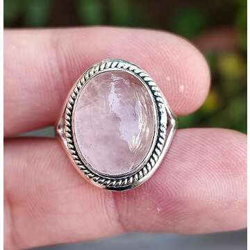 Navya Craft Rose Quartz Ring, 925 Sterling Silver Handmade Statement Promise Rings for Women, Natura...