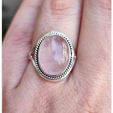 Navya Craft Rose Quartz Ring, 925 Sterling Silver Handmade Statement Promise Rings for Women, Natural Pink Oval Gemstone Boho Jewelry, January Birthstone, Gift for Her Birthday Anniversary (4)