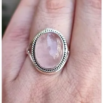 Navya Craft Rose Quartz Ring, 925 Sterling Silver Handmade Statement Promise Rings for Women, Natural Pink Oval Gemstone Boho Jewelry, January Birthstone, Gift for Her Birthday Anniversary (4)