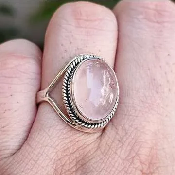 Navya Craft Rose Quartz Ring, 925 Sterling Silver Handmade Statement Promise Rings for Women, Natural Pink Oval Gemstone Boho Jewelry, January Birthstone, Gift for Her Birthday Anniversary (4)