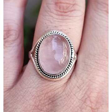 Navya Craft Rose Quartz Ring, 925 Sterling Silver Handmade Statement Promise Rings for Women, Natural Pink Oval Gemstone Boho Jewelry, January Birthstone, Gift for Her Birthday Anniversary (4)