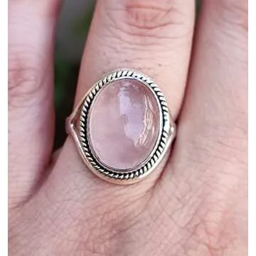 Navya Craft Rose Quartz Ring, 925 Sterling Silver Handmade Statement Promise Rings for Women, Natural Pink Oval Gemstone Boho Jewelry, January Birthstone, Gift for Her Birthday Anniversary (4)