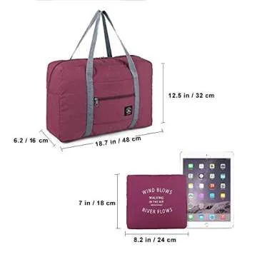 2 pack Foldable Travel Duffel Bag with Fixed on the Trolley Case, Waterproof Luggage Travel Bag, Lightweight Carry On Bag for Sports, Vacation, Shopping, Gym (wine red, light blue)