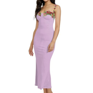 Women's Spaghetti Strap Floral Embroidered Dress Backless Strap Flower Lace-Up Slim Bodycon Long Dress Club