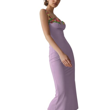 Women's Spaghetti Strap Floral Embroidered Dress Backless Strap Flower Lace-Up Slim Bodycon Long Dress Club