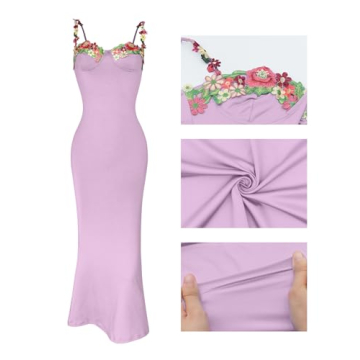 Women's Spaghetti Strap Floral Embroidered Dress Backless Strap Flower Lace-Up Slim Bodycon Long Dress Club