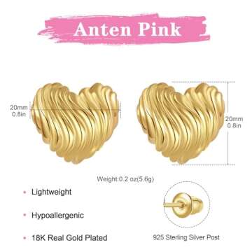 Anten Pink Big Chunky Gold Earrings for Women Trendy Statement Drop Stud, Hypoallergenic Wavy Button Earrings with 925 Sterling Silver Post, Trendy Jewelry Gift for Women
