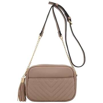 FashionPuzzle Chevron Quilted Crossbody Camera Bag with Chain Strap and Tassel (Taupe) One Size