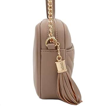 FashionPuzzle Chevron Quilted Crossbody Camera Bag with Chain Strap and Tassel (Taupe) One Size