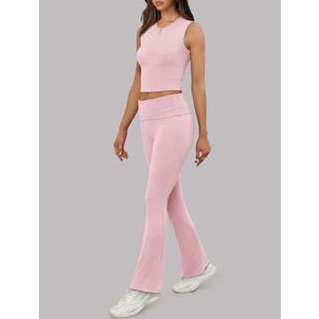 XIEERDUO Lounge Sets For Women 2024 Two Piece Outfits for Women Matching Sets for Women Summer Fold Over Pants Cherry Pink XS