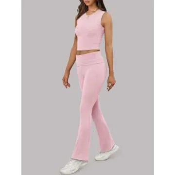 XIEERDUO Lounge Sets For Women 2024 Two Piece Outfits for Women Matching Sets for Women Summer Fold Over Pants Cherry Pink XS