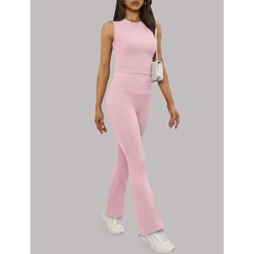 XIEERDUO Lounge Sets For Women 2024 Two Piece Outfits for Women Matching Sets for Women Summer Fold Over Pants Cherry Pink XS