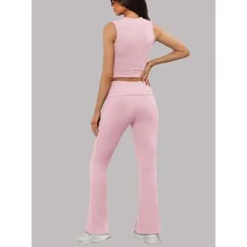 XIEERDUO Lounge Sets For Women 2024 Two Piece Outfits for Women Matching Sets for Women Summer Fold Over Pants Cherry Pink XS