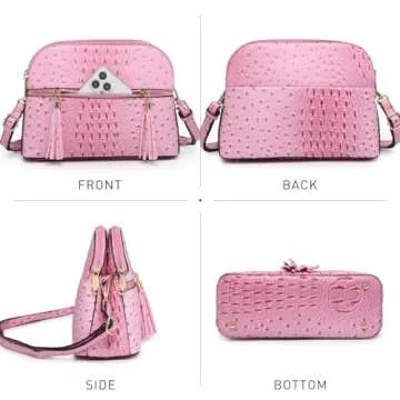 Dasein Women Tassel Zipper Pocket Crossbody Bag Shoulder Purse Fashion Travel Bag with Multi Pockets(Ostrich Pink)