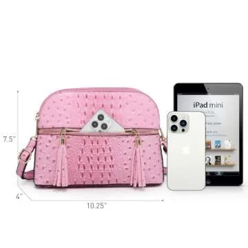 Dasein Women Tassel Zipper Pocket Crossbody Bag Shoulder Purse Fashion Travel Bag with Multi Pockets(Ostrich Pink)
