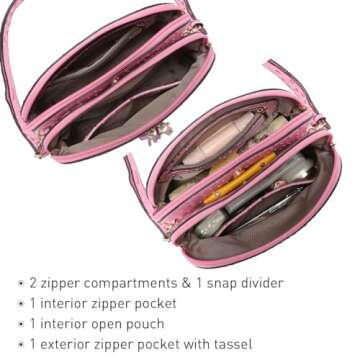 Dasein Women Tassel Zipper Pocket Crossbody Bag Shoulder Purse Fashion Travel Bag with Multi Pockets(Ostrich Pink)