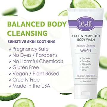 Belli Skincare Pure and Pampered Body Wash, Moisturizing Skin Cleanser, Contains Cucumber Green Tea Extracts, For All Skin Types, Dermatologist recommended, 6.5 Oz