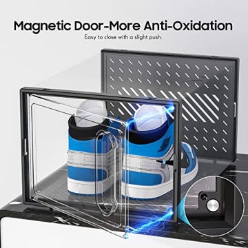 eWonLife XX-Large Storage Box with Magnetic Door, 12 Pack Clear Plastic Stackable Sneaker Organizer for Closet, Connect Left and Right Shoe Containers Bins for Entryway, Drop Front, Under Bed, Black