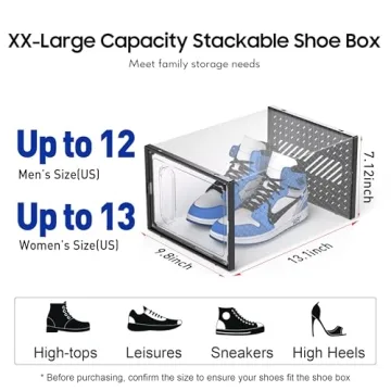 eWonLife XX-Large Storage Box with Magnetic Door, 12 Pack Clear Plastic Stackable Sneaker Organizer for Closet, Connect Left and Right Shoe Containers Bins for Entryway, Drop Front, Under Bed, Black