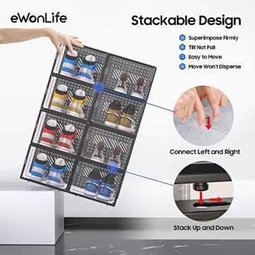 eWonLife XX-Large Storage Box with Magnetic Door, 12 Pack Clear Plastic Stackable Sneaker Organizer for Closet, Connect Left and Right Shoe Containers Bins for Entryway, Drop Front, Under Bed, Black