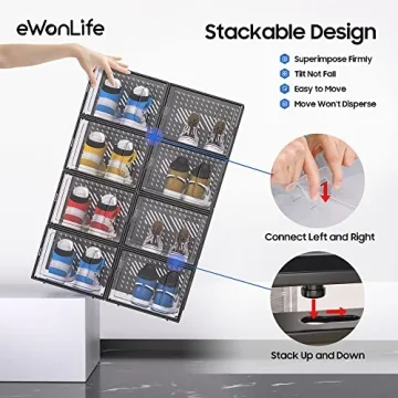eWonLife XX-Large Storage Box with Magnetic Door, 12 Pack Clear Plastic Stackable Sneaker Organizer for Closet, Connect Left and Right Shoe Containers Bins for Entryway, Drop Front, Under Bed, Black