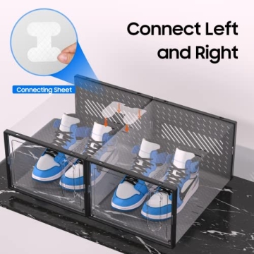 eWonLife XX-Large Storage Box with Magnetic Door, 12 Pack Clear Plastic Stackable Sneaker Organizer for Closet, Connect Left and Right Shoe Containers Bins for Entryway, Drop Front, Under Bed, Black