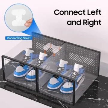 eWonLife XX-Large Storage Box with Magnetic Door, 12 Pack Clear Plastic Stackable Sneaker Organizer for Closet, Connect Left and Right Shoe Containers Bins for Entryway, Drop Front, Under Bed, Black