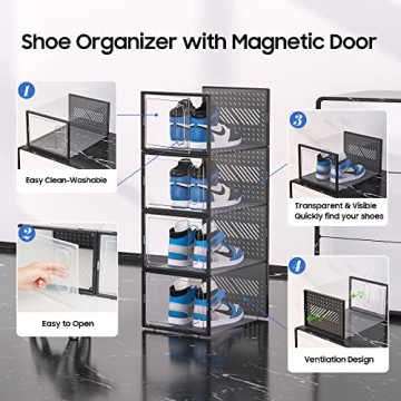 eWonLife XX-Large Storage Box with Magnetic Door, 12 Pack Clear Plastic Stackable Sneaker Organizer for Closet, Connect Left and Right Shoe Containers Bins for Entryway, Drop Front, Under Bed, Black