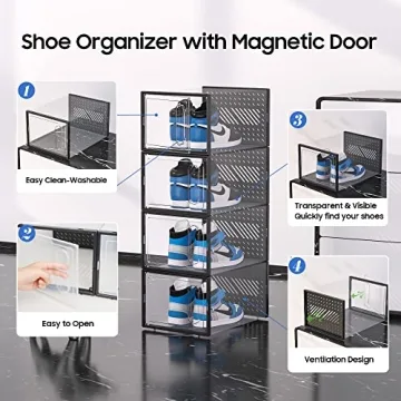 eWonLife XX-Large Storage Box with Magnetic Door, 12 Pack Clear Plastic Stackable Sneaker Organizer for Closet, Connect Left and Right Shoe Containers Bins for Entryway, Drop Front, Under Bed, Black