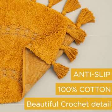 Unique Boho Rug - Half Circle Mat with Crochet Insert Detail & Tassels - 100% Cotton Boho Bathroom Rugs - Decorative Non-Slip Bohemian Rug for Bath & Bedroom - Cute Boho Decor - Yellow Mustard 42x22