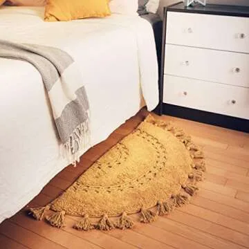 Unique Boho Rug - Half Circle Mat with Crochet Insert Detail & Tassels - 100% Cotton Boho Bathroom Rugs - Decorative Non-Slip Bohemian Rug for Bath & Bedroom - Cute Boho Decor - Yellow Mustard 42x22