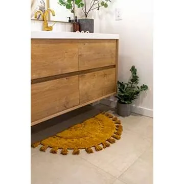 Unique Boho Rug - Half Circle Mat with Crochet Insert Detail & Tassels - 100% Cotton Boho Bathroom Rugs - Decorative Non-Slip Bohemian Rug for Bath & Bedroom - Cute Boho Decor - Yellow Mustard 42x22