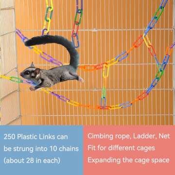JSLZF Sugar Glider Toys, Hanging Sugar Glider Cage Accessories Pet Swing Toy, 250 PCS Plastic Clips Hook Chain Links Toy Rope Perch