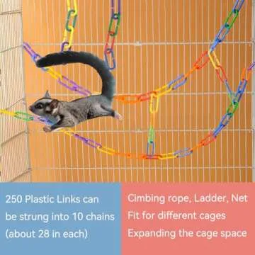 JSLZF Sugar Glider Toys, Hanging Sugar Glider Cage Accessories Pet Swing Toy, 250 PCS Plastic Clips Hook Chain Links Toy Rope Perch