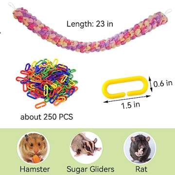 JSLZF Sugar Glider Toys, Hanging Sugar Glider Cage Accessories Pet Swing Toy, 250 PCS Plastic Clips Hook Chain Links Toy Rope Perch
