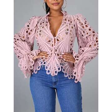 Bell Sleeve Tops for Women Dressy Tops for Evening Wear Lace Blouses for Women (Pink,XL,X-Large)
