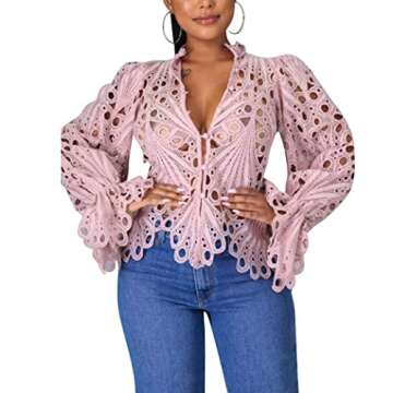 Bell Sleeve Tops for Women Dressy Tops for Evening Wear Lace Blouses for Women (Pink,XL,X-Large)