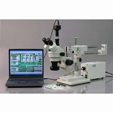 AmScope SM-4TPZ Professional Trinocular Stereo Zoom Microscope with Simultaneous Focus Control, WH10x Eyepieces, 3.5X-90X Magnification, 0.7X-4.5X Zoom Objective, Ambient Lighting, Double-Arm Boom Stand, Includes 0.5X and 2.0X Barlow Lens