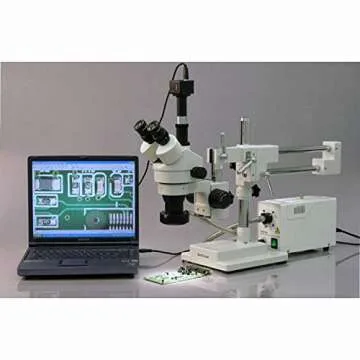 AmScope SM-4TPZ Professional Trinocular Stereo Zoom Microscope with Simultaneous Focus Control, WH10x Eyepieces, 3.5X-90X Magnification, 0.7X-4.5X Zoom Objective, Ambient Lighting, Double-Arm Boom Stand, Includes 0.5X and 2.0X Barlow Lens