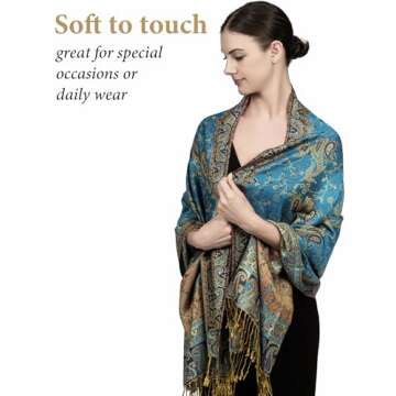 Achillea Soft Silky Reversible Paisley Pashmina Shawl Wrap Scarf w/Fringes (Teal)