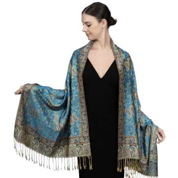 Achillea Soft Silky Reversible Paisley Pashmina Shawl Wrap Scarf w/Fringes (Teal)