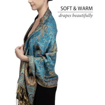 Achillea Soft Silky Reversible Paisley Pashmina Shawl Wrap Scarf w/Fringes (Teal)