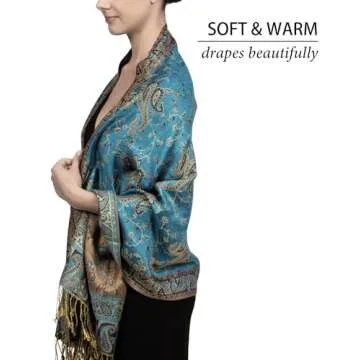 Achillea Soft Silky Reversible Paisley Pashmina Shawl Wrap Scarf w/Fringes (Teal)