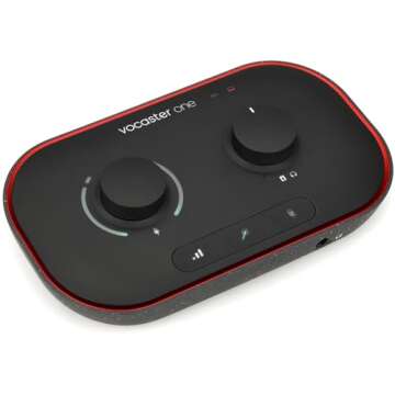 Focusrite Vocaster One — Podcasting Interface for Recording as a Solo Creator. Use Auto Gain, Enhance, and Mute for Easy Podcasting. Small, Lightweight, and Powered by Computer