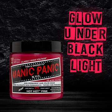MANIC PANIC Hot Hot Pink Hair Dye - Classic High Voltage - Semi Permanent Cool-toned Medium Neon Pink Hair Color That Glows In Blacklight - Vegan, PPD & Ammonia Free (4oz)